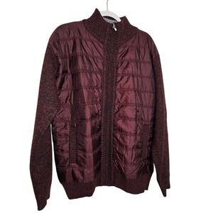AKuVoL‎ Mens XL Quilted Hybrid Zip Cardigan Sweater Jacket Burgundy Fleece Lined